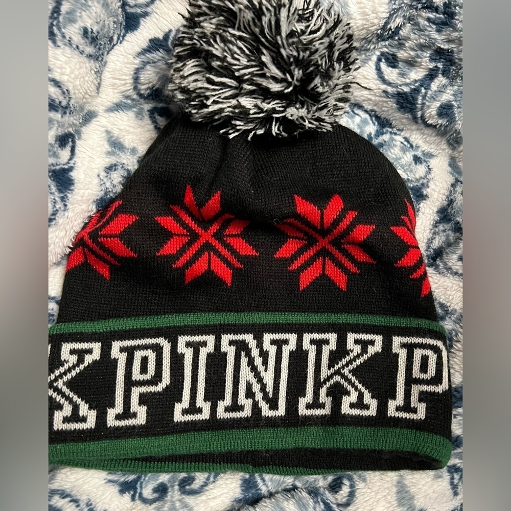 PINK Beanie Hat Black, Red and White